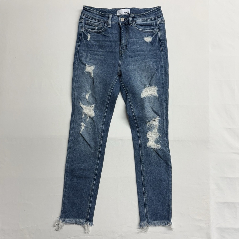 Vervet Womens Size 27 Distressed Skinny Jeans High Rise Raw Hem Stretch Denim